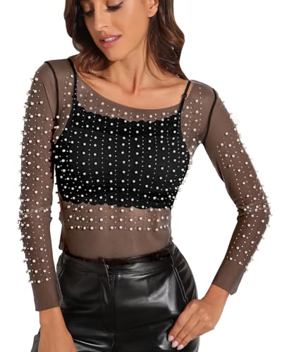 Women's Pearl Rhinestone See Through Long Sleeve Mesh Blouse One Piece Cover Up Halloween Festival Crop Top (Black, 4)