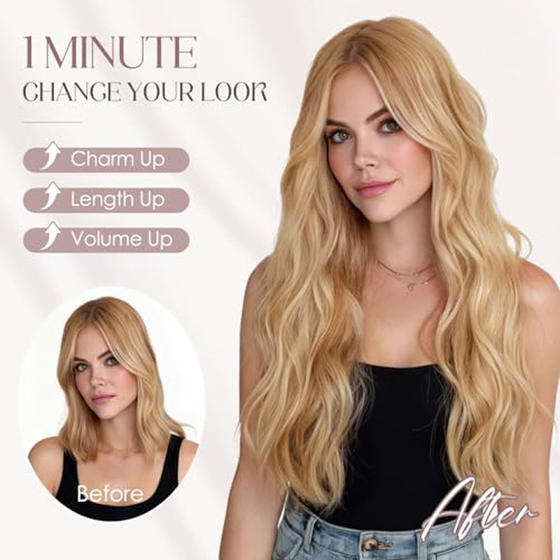 MY-LADY Wavy Halo Hair Extensions Real Human Hair for Women Medium Brown & Dark Blonde Clip in Remy Hairpiece with Adjustable Invisible Wire 18 Inch 65G