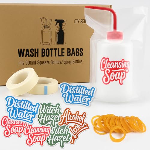 Wash Bottle Bags?250PCS Tattoo Bottle Covers for 17oz/500ml Squeeze & Spray Bottles, with 8 Bottle Stickers, 2 Paper Tapes, 100 Rubber Bands?Professional Tattoo Supplies Accessories Kit (Clear Kit)