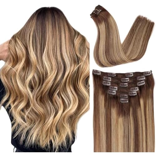 ORIGEN Clip in Hair Extensions Real Remy Human Hair Chocolate Brown to Caramel Blonde Highlights Straight Hair for Women 7pcs 80g 14 Inches