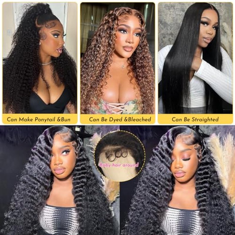 28 Inch 13x6 Deep Wave Lace Front Wigs Human Hair Deep Wave Frontal Wig 13x6 HD Lace Front Wigs Human Hair Pre Plucked 200 Density Glueless Virgin Deep Wave Wig for Women Natural Color