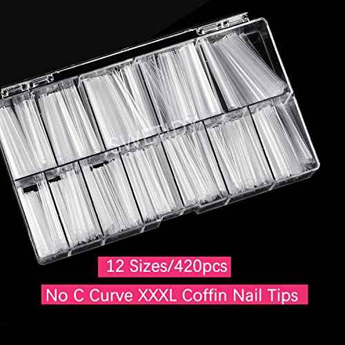 No C Curve 3XL Long Coffin Nail Tips, 420pcs Clear Acrylic Coffin Shape SWETIDY Flattened Half Cover False Nails for Salon&Home DIY French ABS Nail Art Tips,12 Sizes