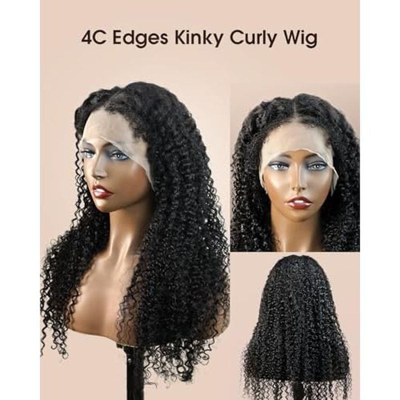 MENTOR 4C Edges Lace Front Wig Kinky Curly Human Hair 13x4 Lace Frontal Curly Wigs Kinky Edges Pre-Plucked 180% Density 16 inch