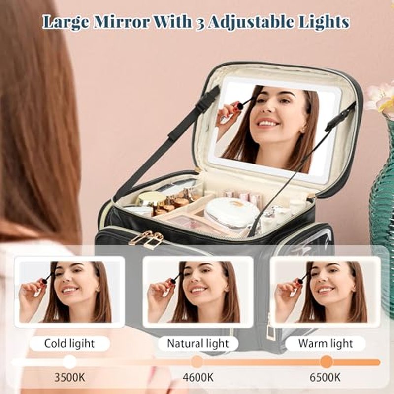 Large Makeup Bag with LED Mirror, Travel Makeup Bag Organizer for Women Girls with Makeup Brush Compartment & Two Side Pockets, 3 Color Lights Cosmetic Toiletry Bag- Leather Black