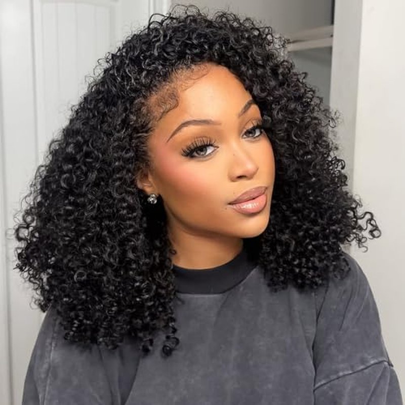 Kinky Curly Half Wig Human Hair 3 In 1 Glueless Wigs Seamless Flip Over with Drawstring Curly Half Wig Human Hair for Women Invisible Hairline Wear Go Beginner Friendly Natural Black 18 Inch