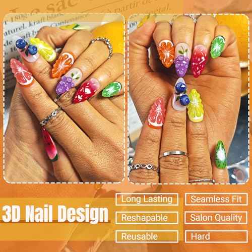 Handmade Press On Nails Almond, Fruit 3D Press On Nails Medium, Orange 3D Nails Strawberry Lemon Fruit With Bubble For Women Gift, Reusable Stick On Fake Nails Kit With Nail Glue(Fruit Fiesta-M)