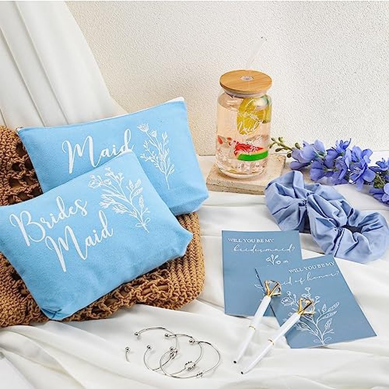 Irenare 36 Pcs Bridesmaid Proposal Gifts Set of 6 Will You Be My Bridesmaid 16 oz Glass Cup Brides Maid Cosmetic Bags Cards Bracelets Bridal Shower Favor Wedding Supplies Bachelorette Party(Blue)