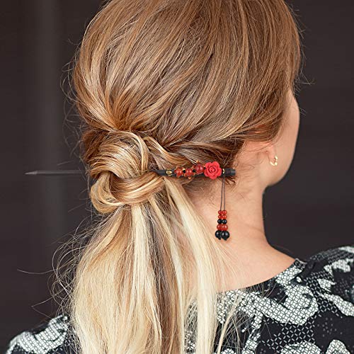 Waydress 4 Pcs Asian Hair Stick Accessories for Women Chinese Japanese Hair Chopsticks Clips Retro Geisha Red Wooden Cherry Hairpins Handmade Flower Tassel Geisha Costume for Girl(Classic Style)