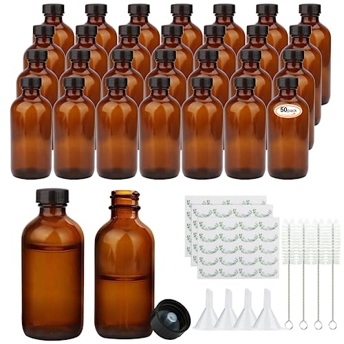 4oz Amber Glass Bottles, Boston Round Glass Bottles (50 Pack) with Leak-proof Caps, Refillable Container for Homemade Vanilla Extract, Essential Oils, Herbal Medicine and More