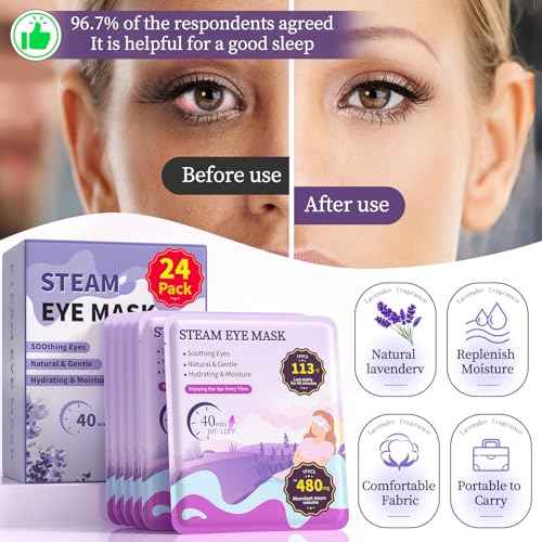 110¢µ Constent Cornea Care Rest Self Heating Eye Mask 60Mins, Disposable Lavender Steam Eye Mask for Travel Sleep, Compresses for Dry Eyes, Relaxing Gifts 24 Packs