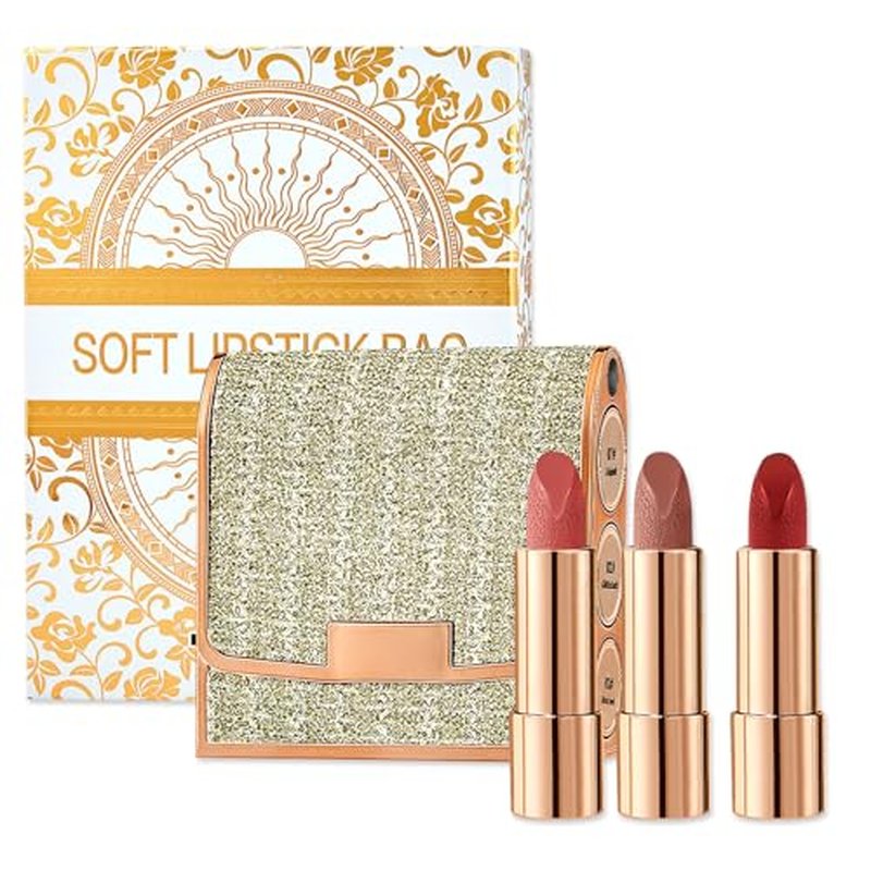 3 Colors Matte Lipstick Set Long Lasting Lip stick 24 hr Lip stick for Women Waterproof Non-sticky Multi-occasions Professional Lipstick for Women lip balm with Exquisite Chain Bag 3.5gx3pcs