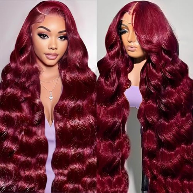 28 Inch 99j Burgundy Lace Front Wigs Human Hair 13x4 HD Red Burgundy Wig Human Hair 200 Density Wine Red Body Wave Lace Front Wigs Pre Plucked Glueless Frontal Wigs for Women
