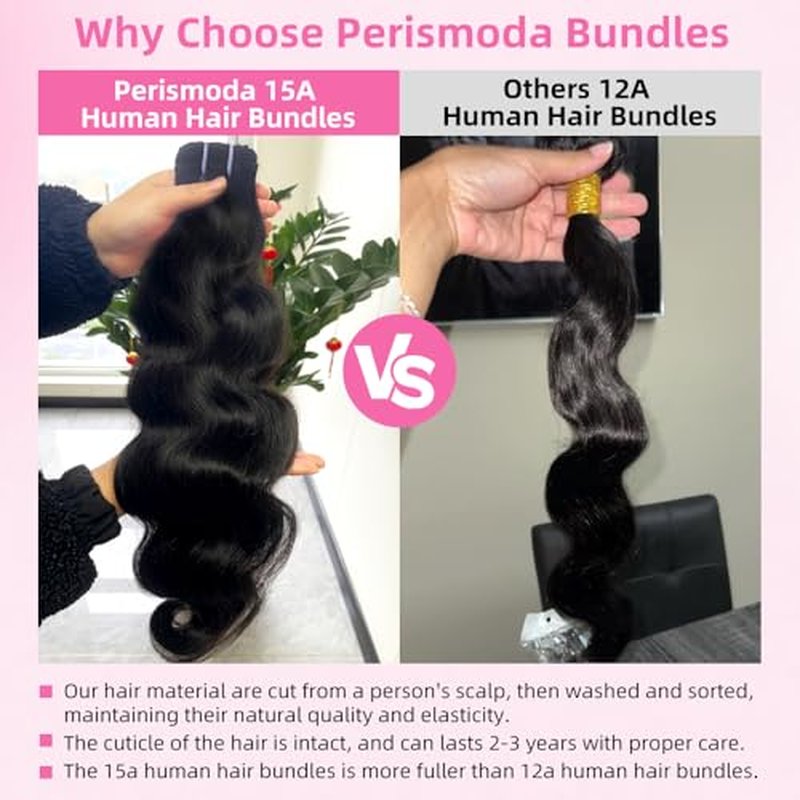 Perismoda Body Wave Human Hair Bundles 15A Raw Human Hair Bundles 100% Unprocessed Brazilian Virgin Human Hair Extensions 30 Inch Quick Weave Hair Extensions Natural Color