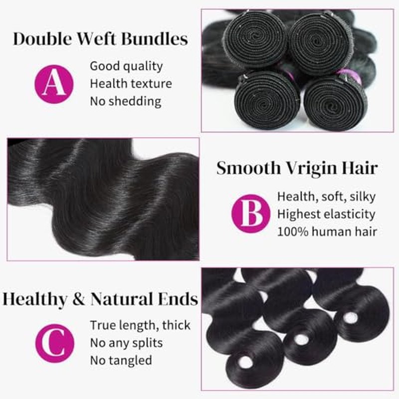 12A Human Hair Bundles 18 20 22 24 Inch Body Wave 4 Bundles Human Hair 100% Unprocessed Brazilian Virgin Weave Human Hair Extensions Natural Black