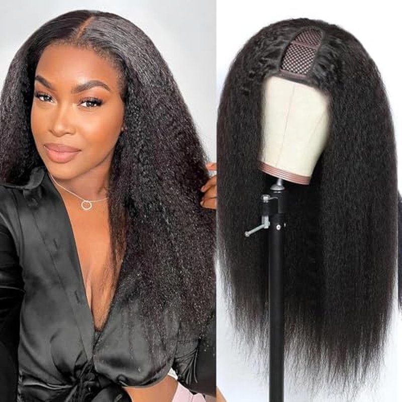 Selina Hair U Part Human Hair Wig Kinky Straight 24 Inch Brazilian Virgin Hair Half Wig Upgraded U Shape Clip in Remy Human Hair Wigs Yaki Straight Glueless Wigs Natural Black Color
