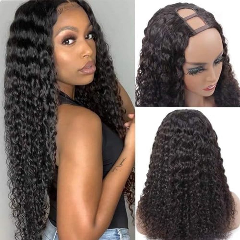 Deep Wave U Part Wig Human Hair for Women 12A Grade Brazilian Virgin Deep Curly Upart Wig Human Hair Wigs 180% Density Glueless Full Head Clip in Half Wig U Shape Wig Natural Color (22 Inch)