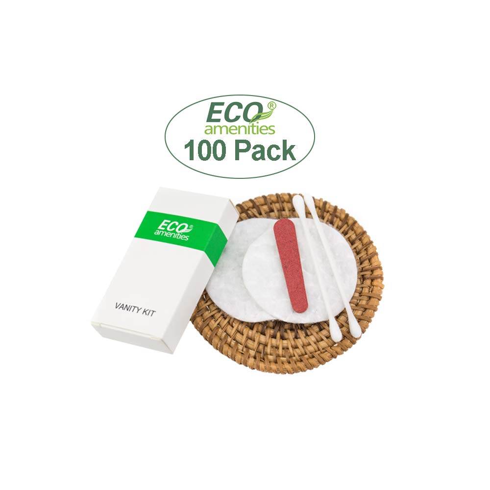 ECO amenities Cotton Rounds Travel Set - Individually Wrapped Cotton Swabs - Disposable Nail File Kit - Bulk Hotel Vanity Kit - 500-Piece Set, White