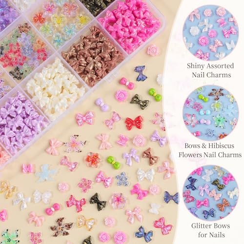 600 Pcs Bow Nail Charms Kit, 3D Mix Color Bowknot Nail Art Charms Soft Hibiscus Flower Nail Charms Flatback Pink White Butterfly Accessories for Nails Design with Tweezers for Women DIY Crafts