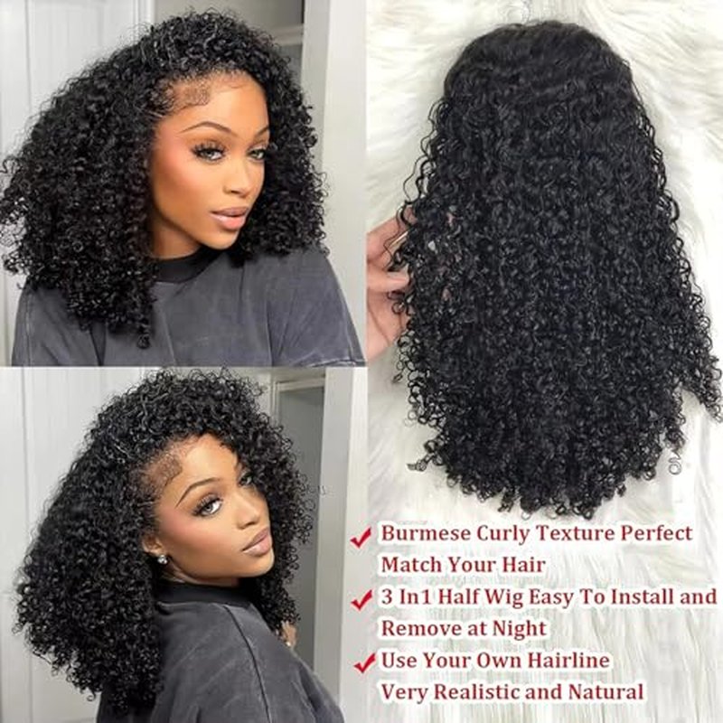 MISSJAY Curly Half Wig Human Hair Kinky Curly Wear and Go Glueless Wigs 200% Density 3 In 1 Seamless Flip Over Half Wigs Human Hair Beginner Friendly Drawstring Headband Wig for Women 20 Inch