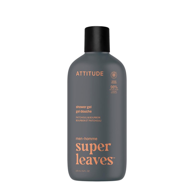 ATTITUDE Shower Gel Body Wash for Men, 98% Natural Origin Ingredients, Paraben & Phthalate Free, EWG Verified, Cleanses Without Drying, Patchouli & Bourbon, 14 Fl Oz