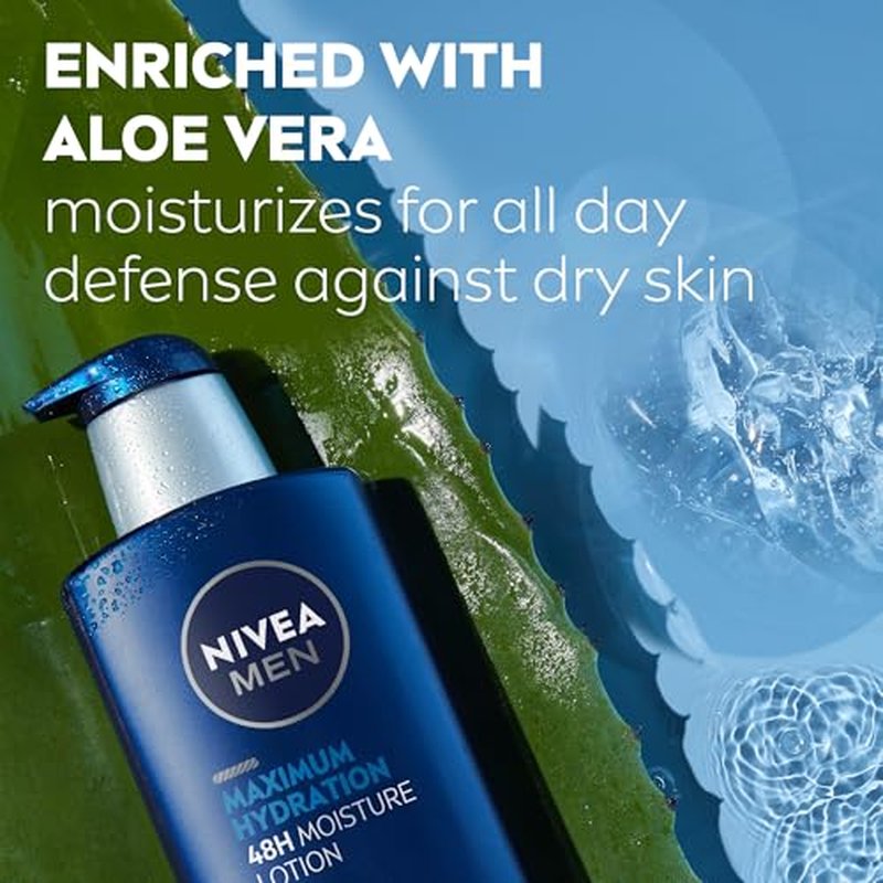NIVEA MEN Maximum Hydration 48-Hour Moisture Body Lotion for Dry Skin, Aloe Vera Lotion for Men, 3-in-1 Body, Face and Hands, Dermatologically-Tested, 16.9 Fl Oz Bottle
