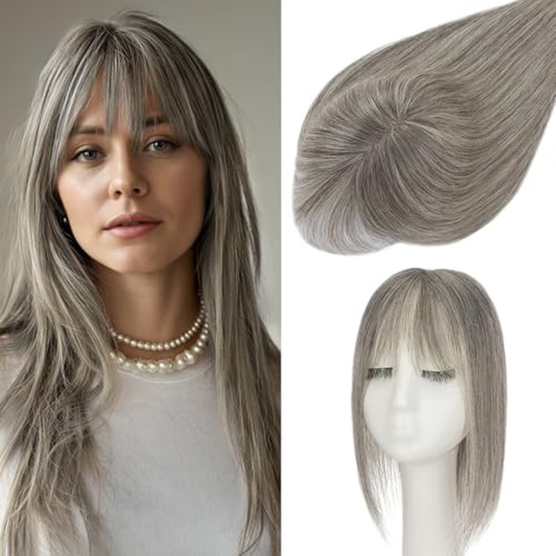Benehair Human Hair Toppers for Women Clip in Hair Toppers for Daily Use 2 * 6cm Hand Made Lace Base Long Coverage Natural Hairpiece Wiglet #Gray 10Inch