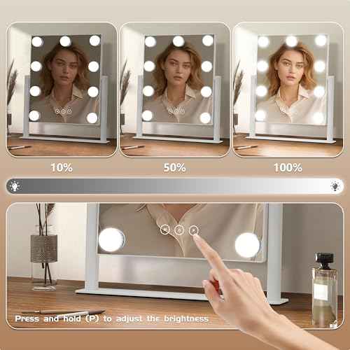 Generic Vanity Mirror with Lights, 9 Dimmable Bulbs, 3 Color Lighting Modes, Detachable 10x Magnification, Touch Control, Tabletop Mount, 3"L x 2"W, White