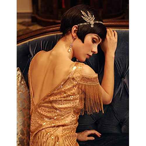 BABEYOND Art Deco 1920's Flapper Great Gatsby Inspired Leaf Medallion Pearl Headpiece Headband Gold