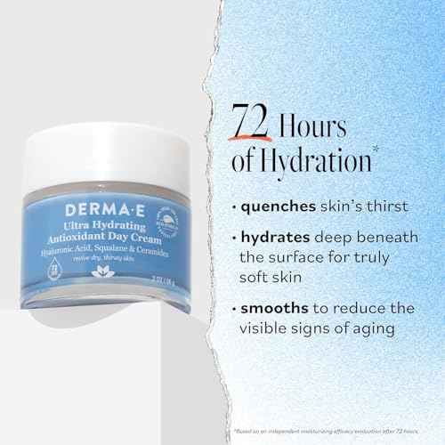 Derma E Ultra Hydrating Antioxidant Day Cream – Face Moisturizer with Hyaluronic Acid, Squalane, and Ceramides to Smooth and Nourish, Hydrating Face Moisturizer for Sensitive Skin, 2 Fl Oz