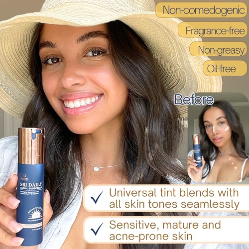 SRILabs Daily Facial Sunscreen - SPF 40 - Anti-Aging with Lipochroman & Peptides - Transparent Zinc Oxide - Universal tint & Weightless - 1.7 OZ