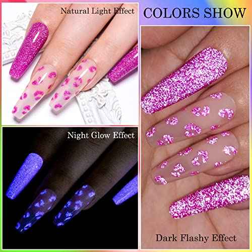 MEET ACROSS Luminous Reflective Gel Polish, Glow in Dark Gel Nail Polish, Reflective Glitter Nail Polish with Nail Brush, Neon Color Shiny Disco Luminous Polish for DIY Manicure Nail Art Salon