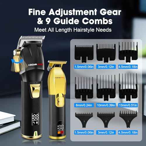 HIENA PRO Professional Hair Clippers Set for Men, Cordless Barber Kit for Haircut, Clippers and Trimmers Set, Hair Cutting Kit with LED Display & Rechargeable USB, Gifts for Men (Black Gold)
