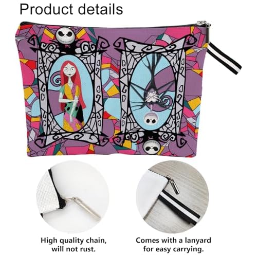 Portable Jack & Sally Themed Makeup Bag, Before Xmas Nightmare Cosmetic Bag, Jack Skellington & Sally Portable Travel Cosmetic Organizer- Cotton & Linen, Water-Resistant, 9.8x7 Inches