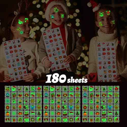 JUNEBRUSHS Christmas Glow in Dark Temporary Tattoos for Kids, 180 Individually Christmas Luminous Tattoo Stickers Santa Claus for Kids Christmas Socks Gifts Party Boys Girls Goody Bag Stuffers