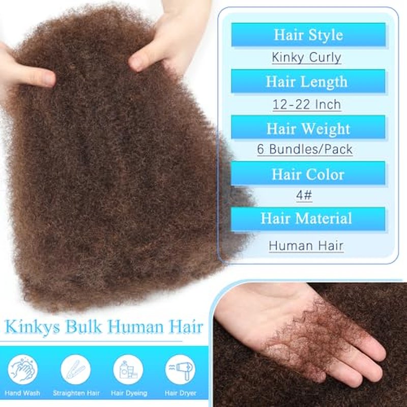 Afro Kinkys Bulk Human Hair for Dreadlocks Extensions Repair Locs, Twist Braiding Afro Kinky Human Hair for Locs 16 Inch 6 Bundles 105 Gram 4#