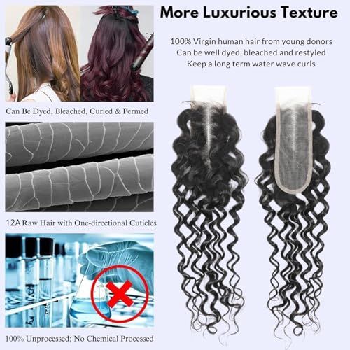Water Wave Closure 20 Inch 2x6 HD Lace Closure Brazilian 12A Remy Human Hair Pre Plucked Transparent Lace Middle Part Wet and Wavy Closure with Baby Hair Natural Black Color Curly Extensions
