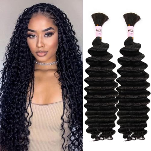 Human Braiding Hair for Boho Braids, 100 Percent Wet and Wavy Human Hair for Boho Knotless 12A Deep Wave Boho Human Braiding Hair Curly Hair Extensions 100g 2 Bundles Natural Color