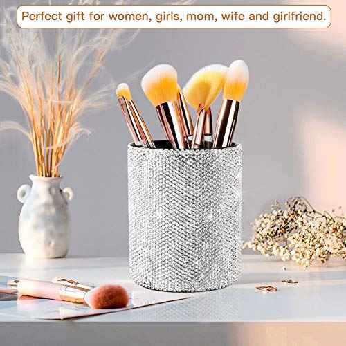 OTOSTAR Bling Crystal Makeup Brush Holder Organizer Storage Cosmetic Tools Eyebrow Pencil Eyeliners, Multifunctional Handcrafted Rhinestones Pen Holder for Home Office (Silver)