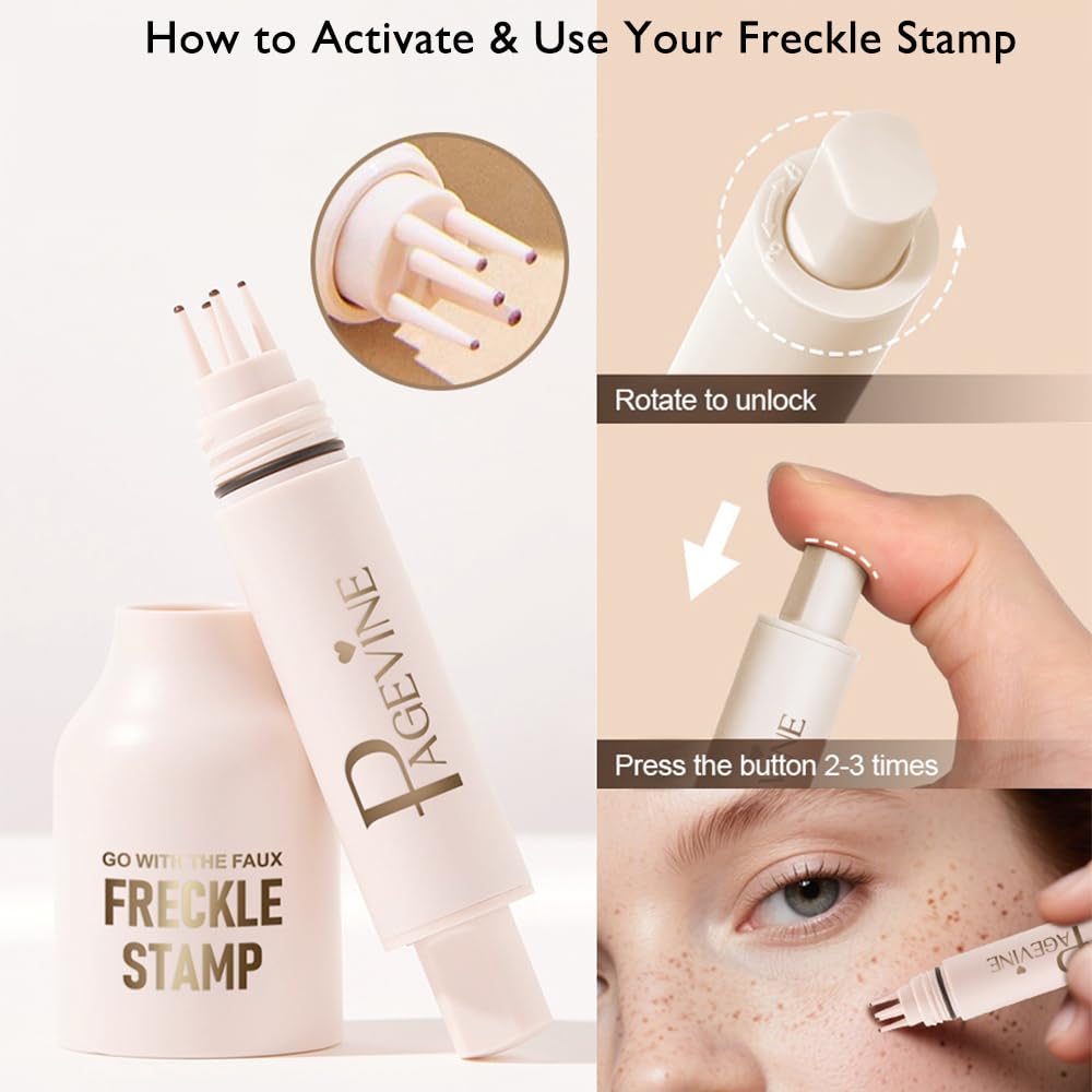 Faux Freckle Stamp Pen – Upgraded Liquid Freckle Marker with Multi-Prong Soft Tip, Air Cushion Applicator for Natural Sun-Kissed Look, Long-Lasting Freckle Makeup Tool (3# Dark)