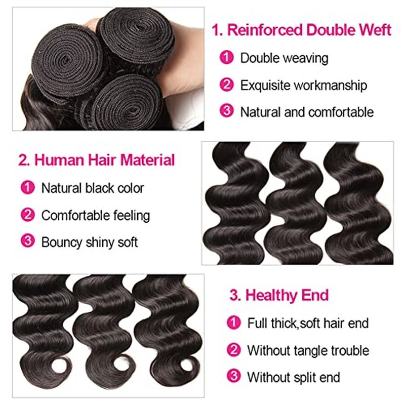 Aopusi Human Hair Bundles with Closure (16 18 20+14£¬Free Part)100% Brazilian Human Hair Body Wave Bundles with Lace Closure Virgin Hair Body Wave Hair Weave for Black Women