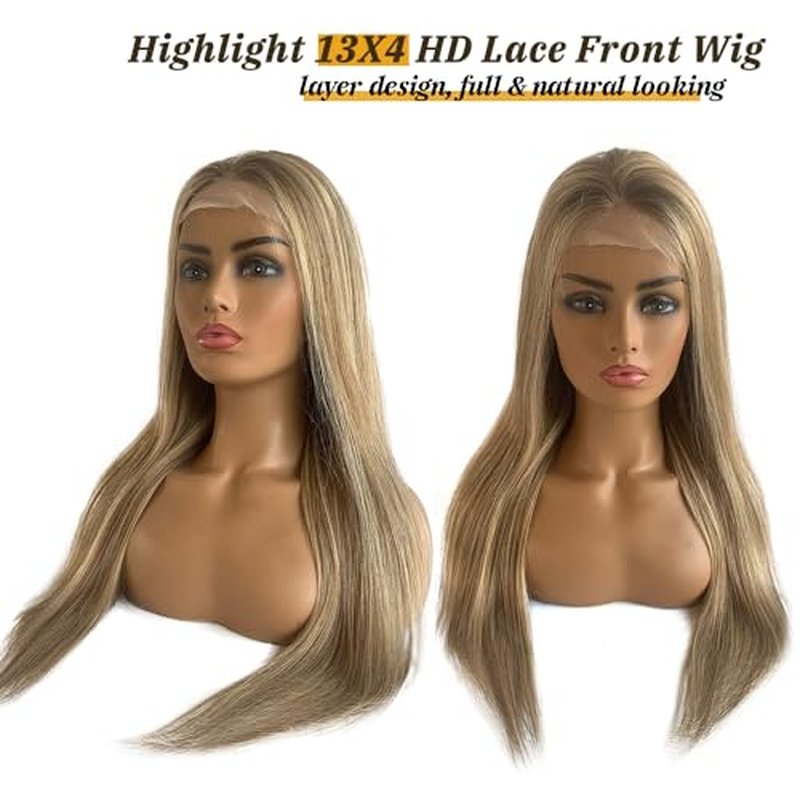 Highlight Colored Lace Front Human Hair Wigs 20Inch Ombre Ash Brown to Blonde Brazilian 150% Density Glueless Highlights 13x4 Transparent Lace Front Wigs Human Hair Pre Plucked for Women(#8/18/60)