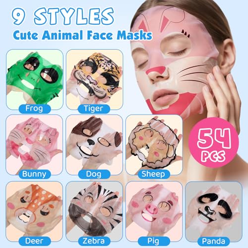 54 Pack Animal Kids Face Mask Spa, Bulk Collagen Hydrating Sheet Face Masks Skincare for Girls Teens, Christmas Gifts, Birthday Gifts, Stocking Stuffers for Women