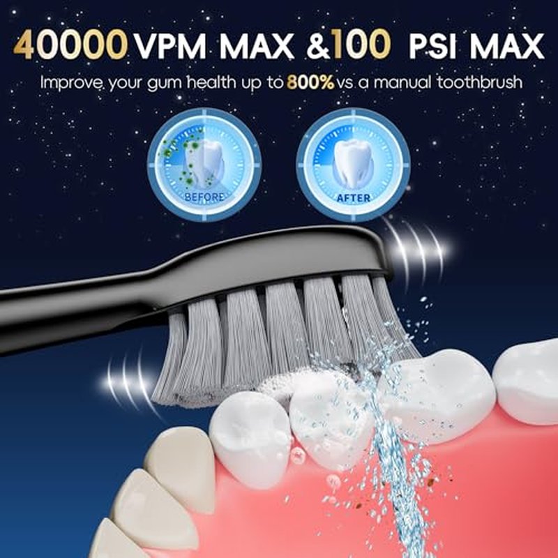 Electric Toothbrush with Water Flosser Combo in One, Professional Flossing Toothbrush for Teeth Cleaning and Flossing, Plaque Removal, Rechargeable, 5 Brush Modes & 3 Flossing Speeds, 500ML