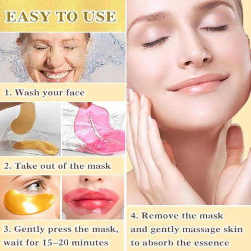 Eye Mask And Lip Mask Set, 15 Pair Gold Eye Mask And 15 Pcs Pink Lip Mask for Moisturizing, Under Eye Patches and Lip Pads,Collagen Crystal Lip Mask Set for Moisturizing