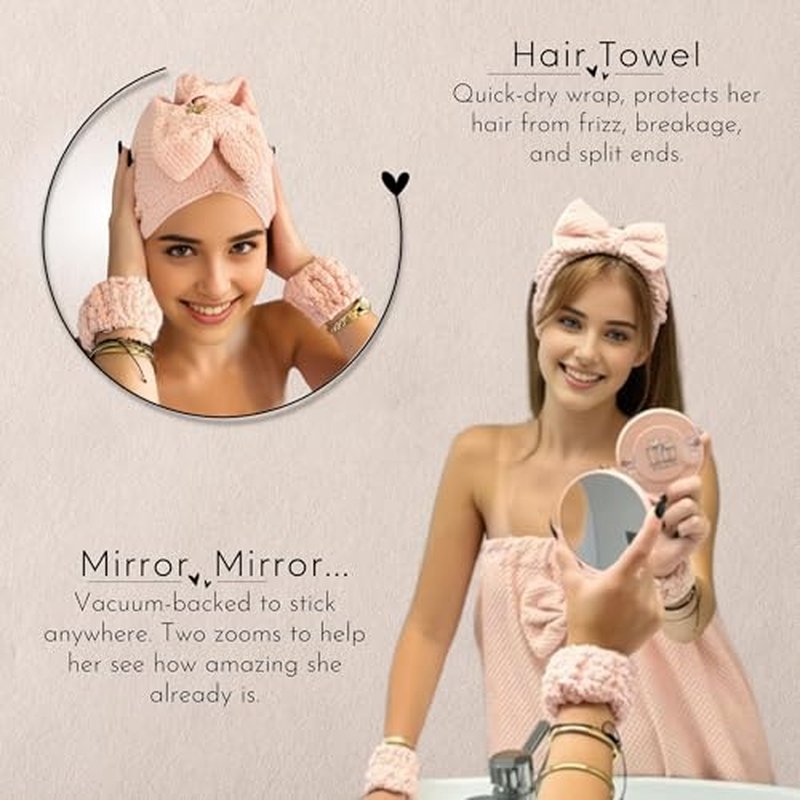 Happy Lolli Power Shower Gift Set ? College Essential Bath Accessories for Women and Teen Girls ? Includes Body Towel, Hair Towel, Wrist Bands, Headband, Face Sponge and More (Fresh in Pink)