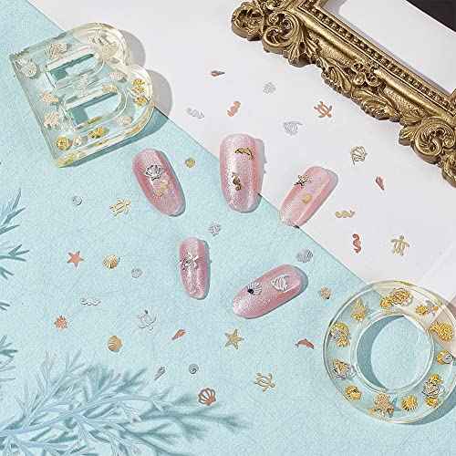OLYCRAFT 720pcs 24 Styles Sea Theme Nail Art Decorations Brass Resin Fillers Shell Fish Dolphin Nail Art Accessories Mini Nail Art Charms for DIY Crafts Manicure Decorations - Gold/Silver&Rose Gold