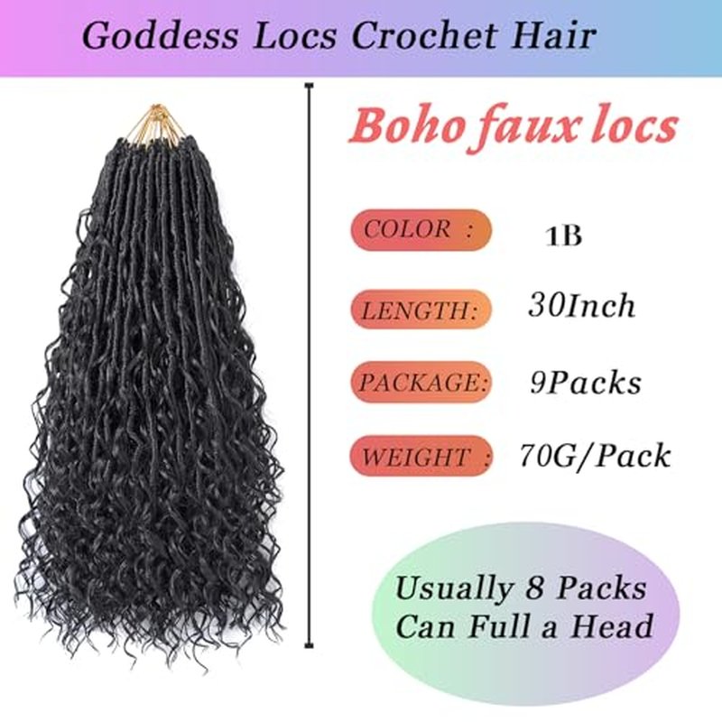 9 Packs Crochet Hair 30Inch Goddess Locs with Curly Ends Long Bohemian River Pre Looped Crochet Hair for Black Women(30inch,1B)