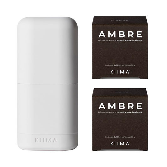 KIIMA Refillable Deodorant Ambre Starter Kit 1 Applicator 2 Refills, Premium Natural Deodorant For Men formulated without Aluminum or Parabens, Odor Protection and Cologne-quality 38g (Pack of 2)