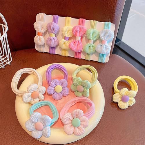 12Pcs Sweet Flower Hair Ties, Cute Bow Elastic Hair Ties Kids Hair Bands, Candy Color Ponytail Holders Hair Ropes with Bows, Kawaii Soft No Damage Hair Scrunchies for Little Girls Hair Accessories