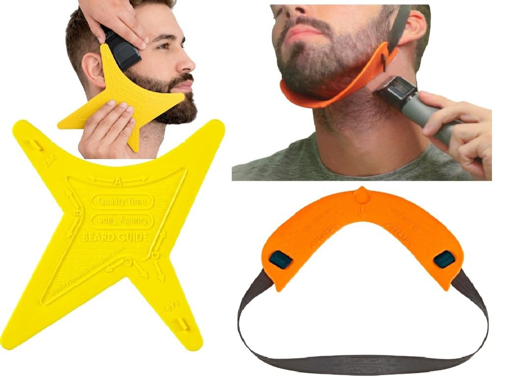 Quality Time Beard Shaping Template Kit, 2 Premium Multi-Style Beard & Neckline Guides: Hands-Free, Two Tools for Defined Beard Lines, DIY, Use with Trimmer or Razor, Made in USA
